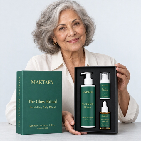 A person presenting the open The Glow Ritual box with all three products visible.
