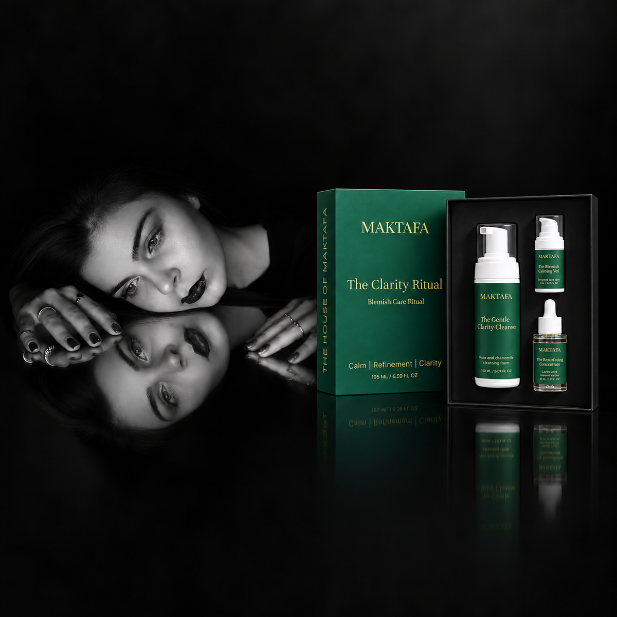 The Clarity Ritual box and three products beside a model reflected in a dark surface.