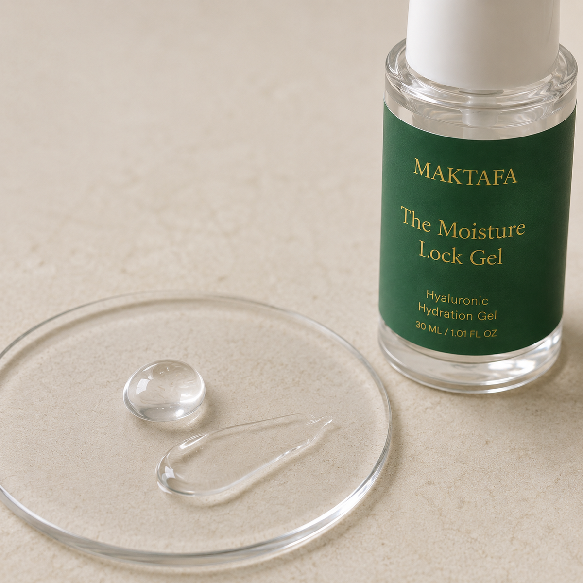 Maktafa Moisture Lock Gel bottle beside clear gel textures on a glass dish.