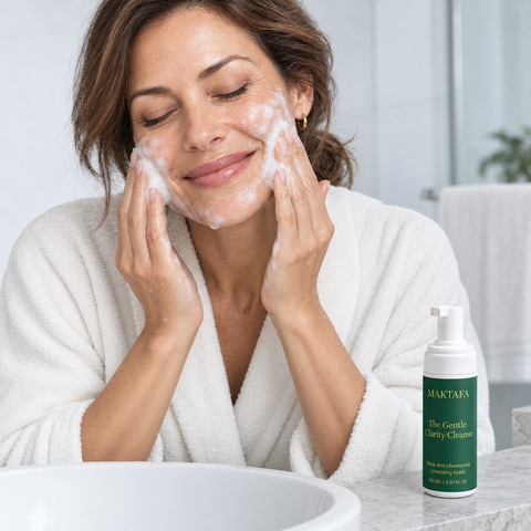 Person massaging cleansing foam over the cheeks, with a Maktafa cleanser beside the basin.