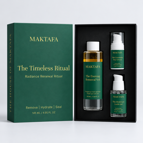 The Timeless Ritual: three products fitted inside an open black presentation box, beside its emerald lid.